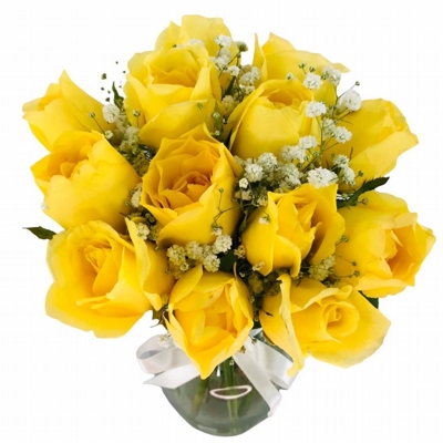 Vaso De 12 Rosas Amarelas Com Gypsophilas Vaso De 12 Rosas Amarelas Com Gypsophilas